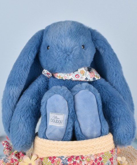 Peluche lapin grandes oreilles bleu - Lapin Fleurette