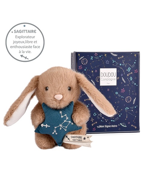 Peluche lapin Astro Sagittaire marron tenant une étoile bleue brodée de la constellation, avec étiquette du signe,