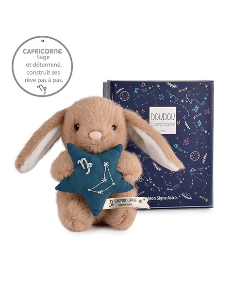 Peluche lapin Astro Capricorne beige tenant une étoile bleue brodée de la constellation, avec étiquette du signe,