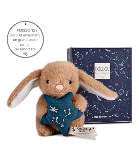 Peluche lapin Doudou Astro Poisson marron tenant une étoile bleue brodée de la constellation, avec étiquette du signe, sur fond blanc.