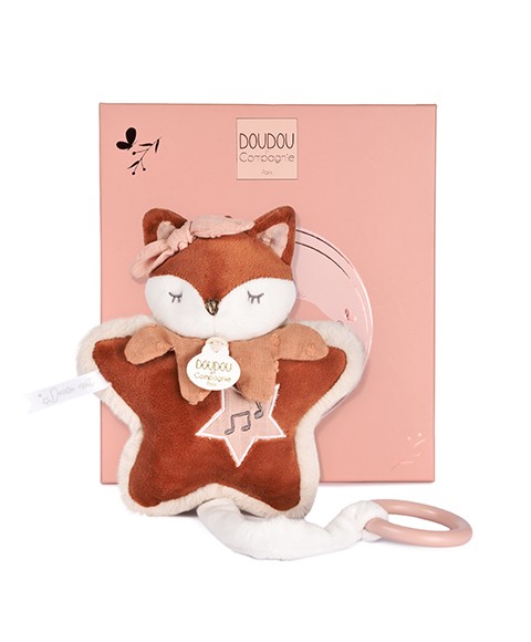 Boîte à musique Mina renard en forme d’étoile, aux tons terracotta et crème, avec broderie note de musique et anneau rose