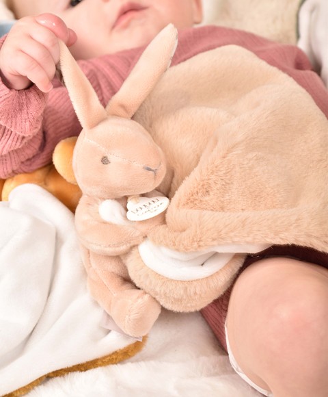 Lapin beige avec doudou mouchoir brodé Doudou