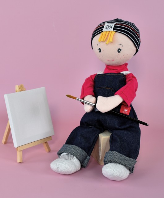 poupée de chiffon garçon blond avec salopette en jeans et t shirt rose fushia - Jolijou