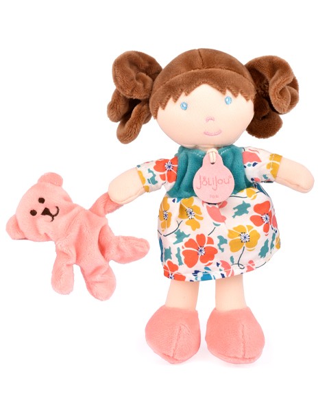 Poupee de chiffon brune robe fleurie avec doudou ours à la patte