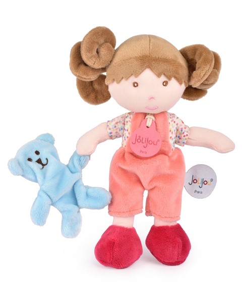 poupée souple avec doudou ours à la main