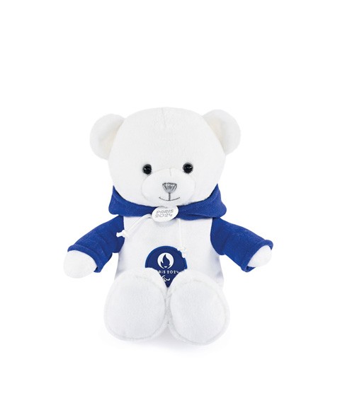 ours en peluche blanc avec sweat à capuche bleu et blanc serigraphié JO2024