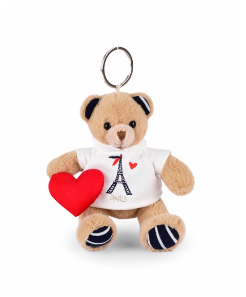 Porte clé Ours Sweat blanc à capuche Tour Eiffel avec coeur rouge à la patte- 15 cm