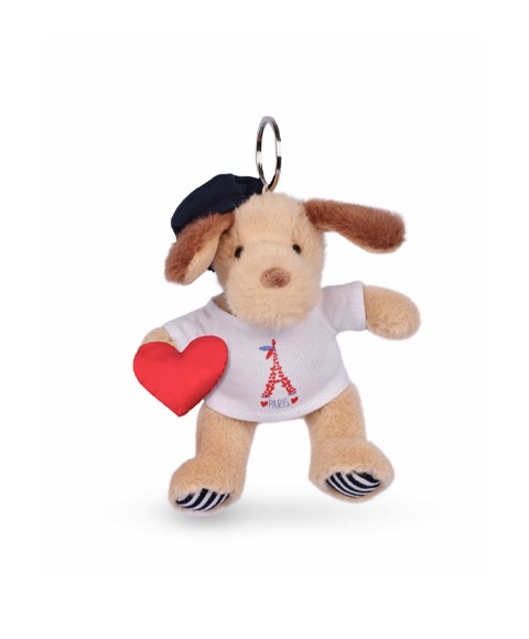 Porte clé Chien beige avec T-shirt Tour Eiffel - 15 cm