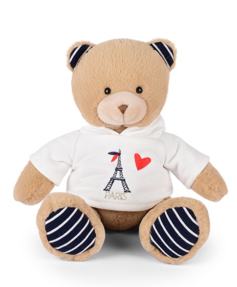 Ours Peluche beige assis avec Sweat BLANC Tour Eiffel 28cm