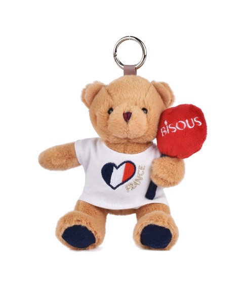 Porte cle Ours beige avec ballon rouge inscription Bisous - 15 cm