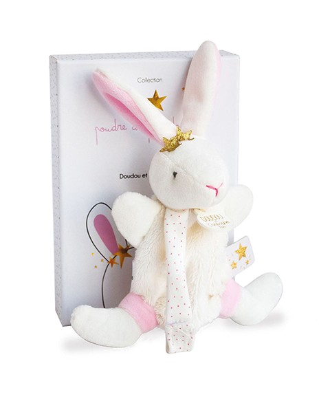 822705 - Doudou attache-tétine lapin gris clair & rose Nina - Hauteur 25 cm
