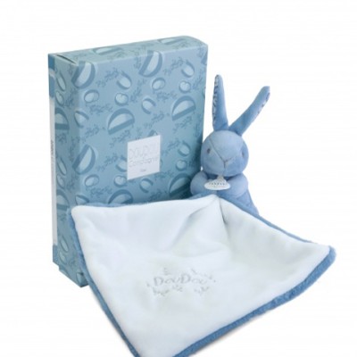 Lapin DOUDOU® - Doudou  mouchoir Lapin- 10 cm - Bleu