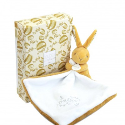 Lapin DOUDOU® - Doudou mouchoir Lapin- 10 cm - Jaune moutarde