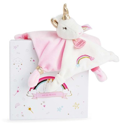 Doudou plat Licorne rose et blanche - 20 cm