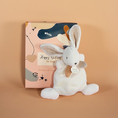 Coffret Mini Doudou plat Lapin beige - Happy Wild - 17 cm