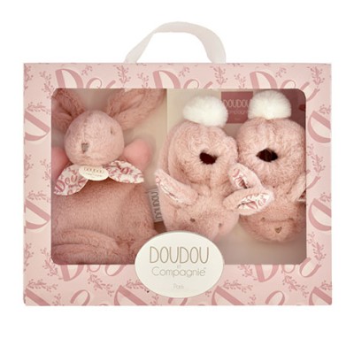 Lapin Doudou - Coffret cadeau Chaussons et Doudou Rose 15 cm