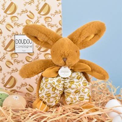 DOUDOU® lapin jaune moutarde - Doudou plat -18 cm