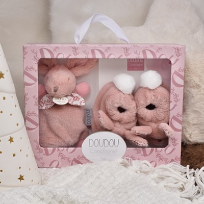 Lapin Doudou - Coffret cadeau Chaussons et Doudou Rose 15 cm