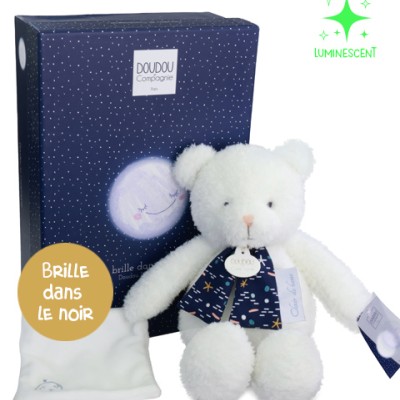 Peluche ours luminescent avec mouchoir  - 28 cm - Clair de Lune