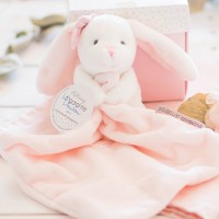 Doudou mouchoir lapin rose - 10 cm - Boite fleur