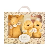 Lapin Doudou - Coffret cadeau Chaussons et Doudou Beige 15 cm