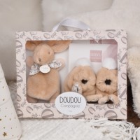 Lapin Doudou - Coffret cadeau Chaussons et Doudou Beige 15 cm