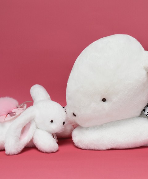 Doudou lapin en coton bio écru - Cadeau de naissance personnalisable