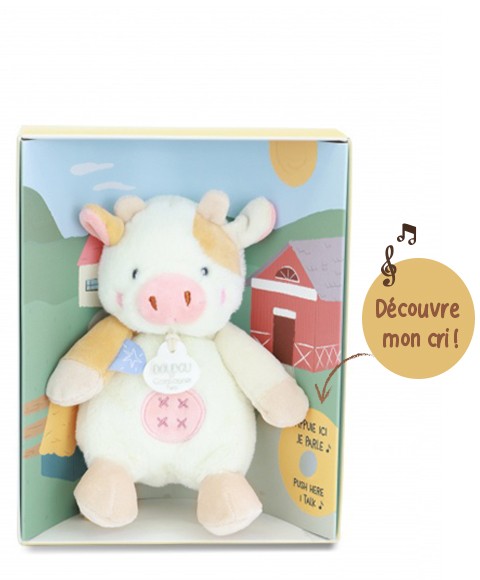 Peluche vache - 17cm - DOUDOU de la ferme avec boite sonore DC4358