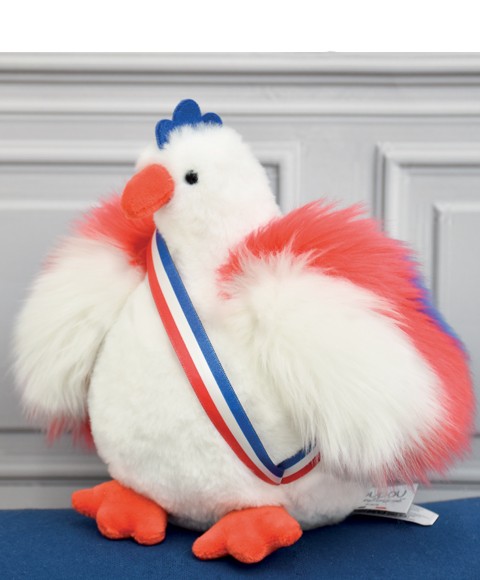 Peluche poule blanche avec echarpe bleu blanc rouge - 20 cm - Fabriquée en France -FR8016.jpg