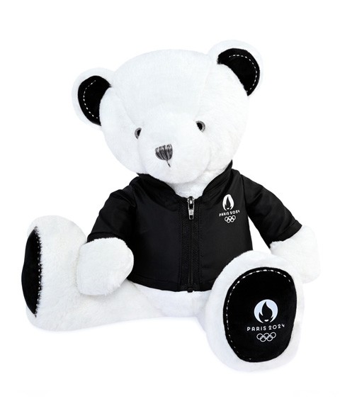 ours blanc jo2024 habillé d'une veste noire, pate brodée jo2024 - jo2449
