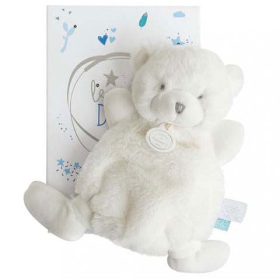 Doudou plat ours peluche blanc - Boite Bleue - 19 cm