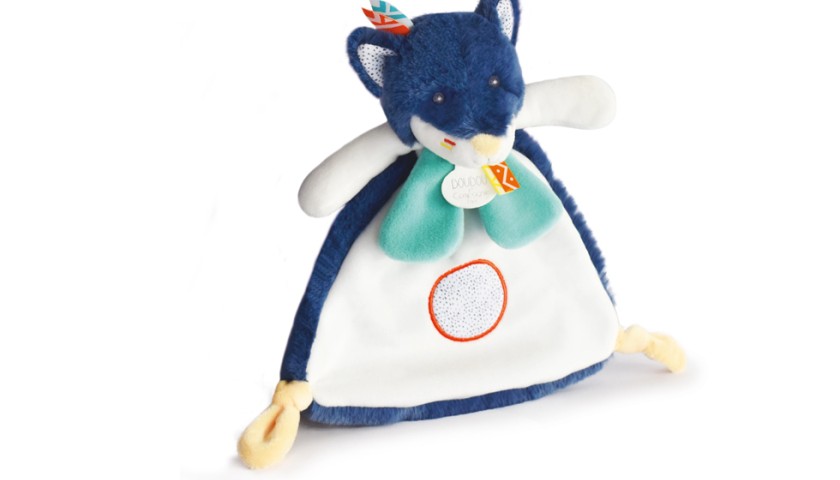 Doudou plat Loup bleu marine et blanc avec col vert et nouettes