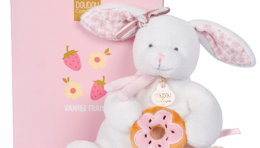 Doudou lapin avec donut rose - 20 cm - Vanille Fraise