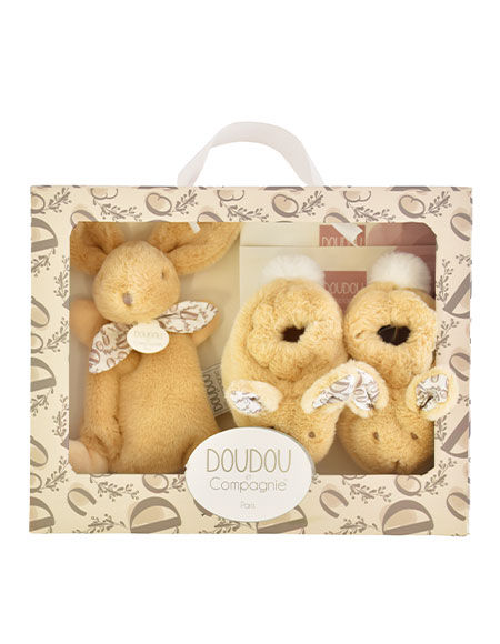 Coffret lapin doudou chaussons beige