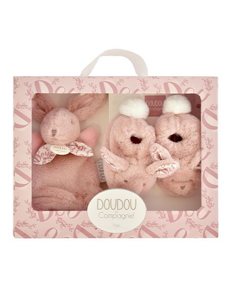 Coffret lapin doudou chaussons rose