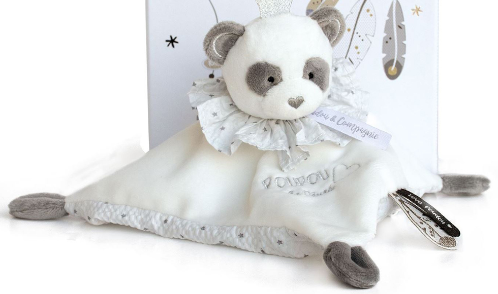 doudou plat panda carré écru et gris