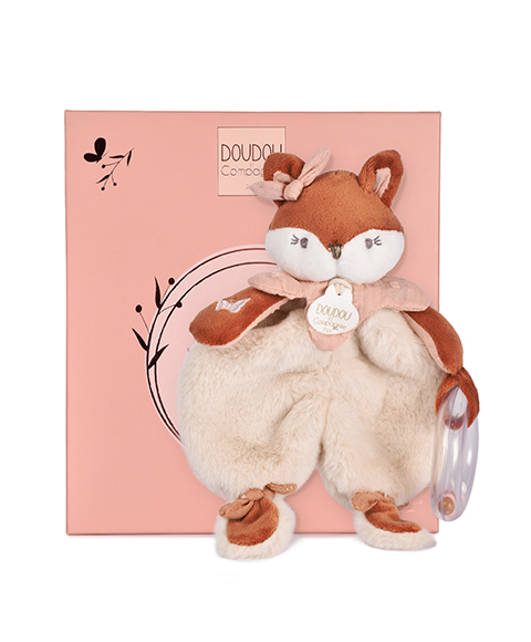 Doudou hochet renard avec textures variées collerette rose.